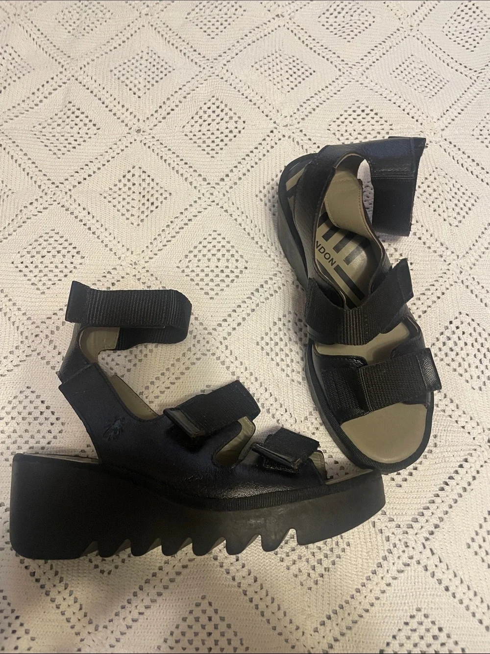 Fly London Black Strappy Platform Velcro Sandals